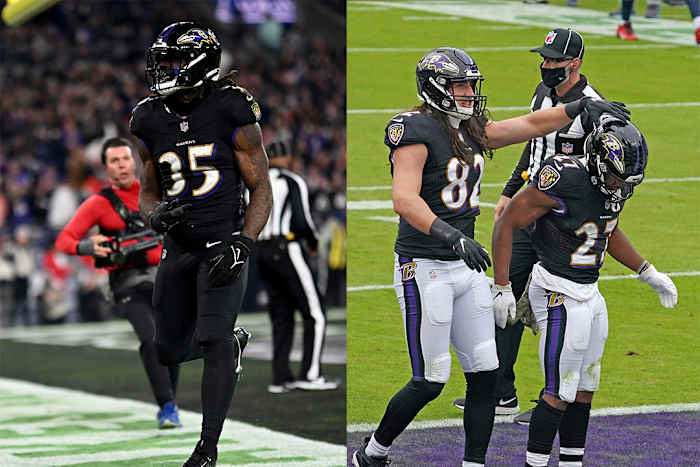 Baltimore Ravens running backs Gus Edwards (left) and J.K. Dobbins (right).